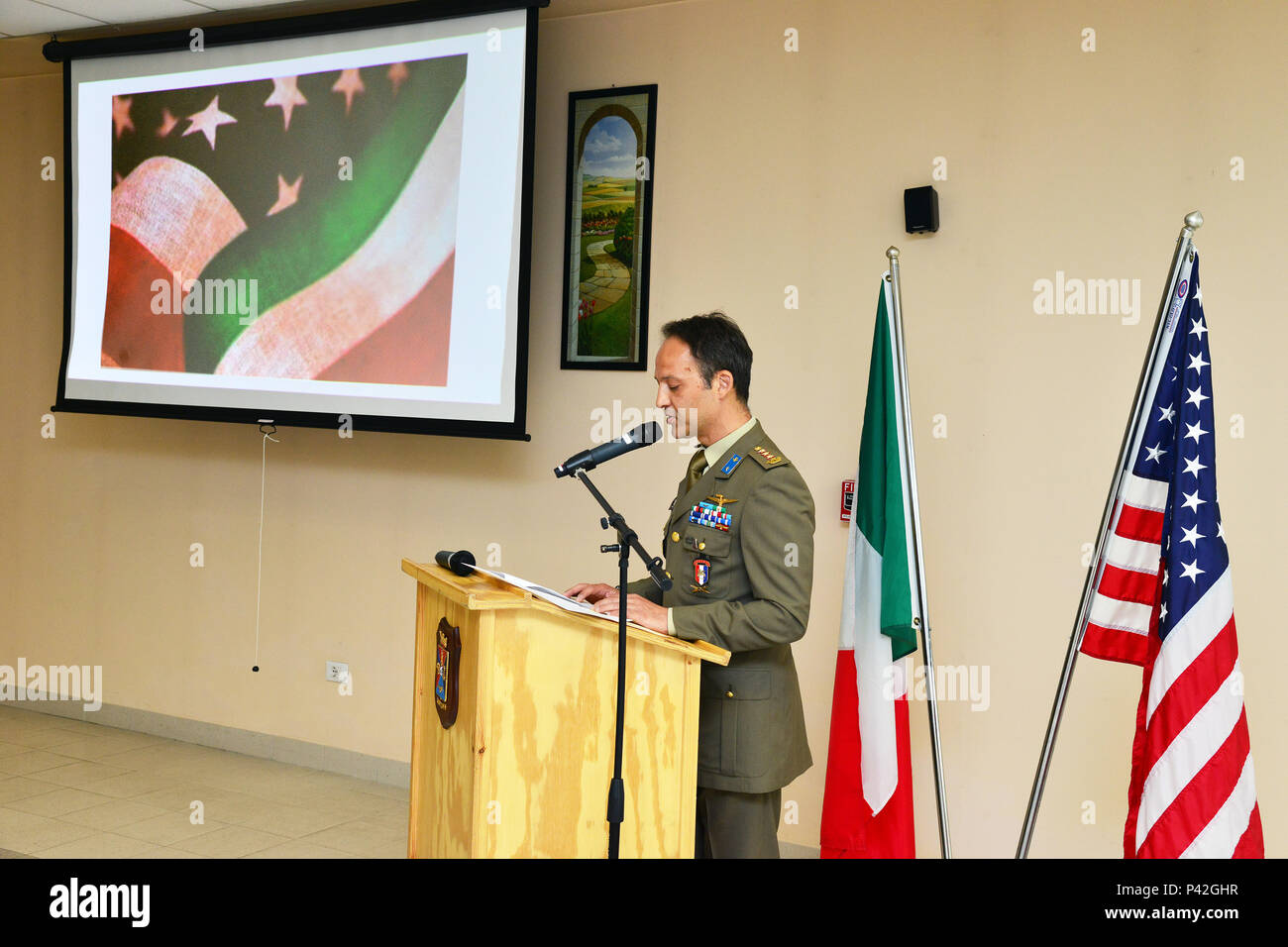 Colonel Umberto D`Andria, Italian Base Commander Caserma Ederle, addresses the audience during the celebration for the Italian Republic Day 2016, June 6, 2016 on Caserma Ederle, Vicenza, Italy. (U.S. Army photo by Visual Information Specialist  Paolo Bovo/released) Stock Photo